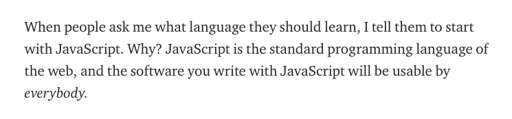 Screenshot of Eric Elliott quote about JavaScript's popularity